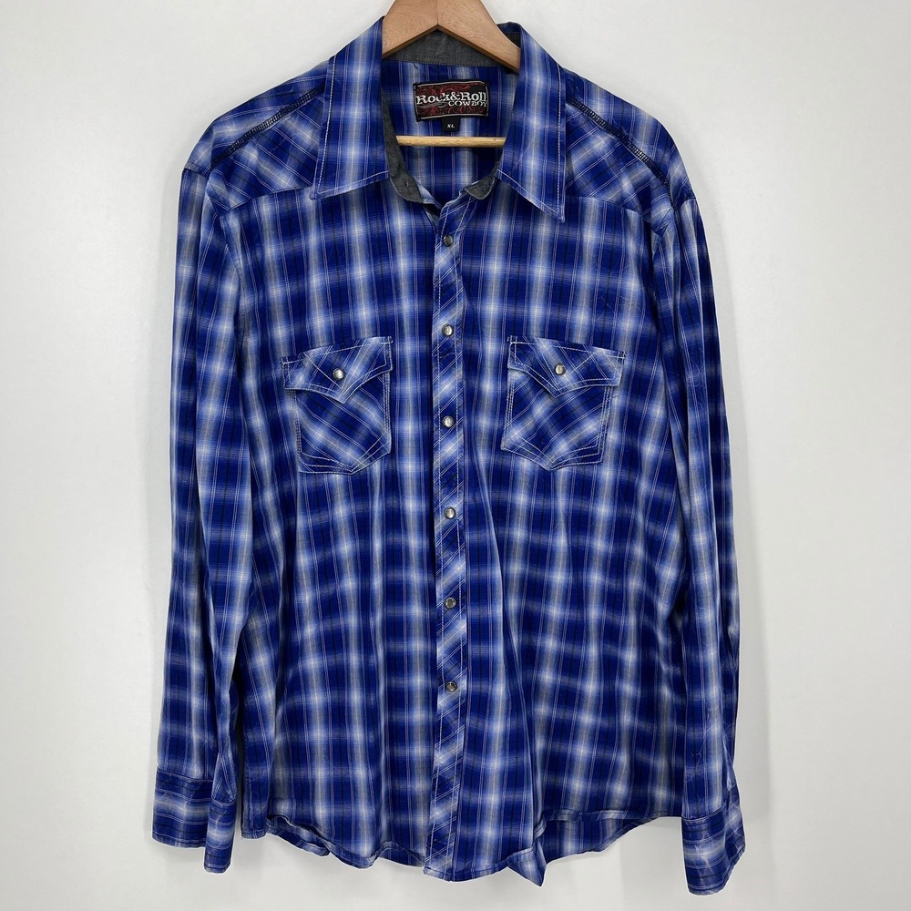 Rock and Roll Cowboy Mens Blue Plaid Western Pearl Snap Shirt XL